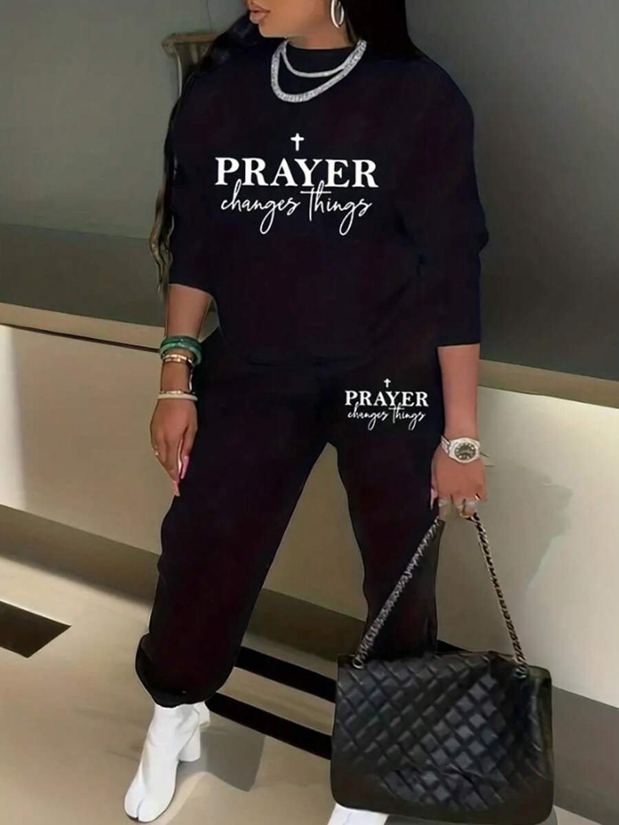Plus Size Sportswear Two Piece Set, Women's Plus Size Slogan Printed Long Sleeve Crew Neck Sweatshirt And Jogger Sweatpants Two Piece Set - màu đen - Xem 1