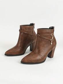 Women's Ankle Boots, British Style  Boots, New Autumn Winter Lace Up Side Zipper Cross Buckle Rhinestone Decor, Pointed Toe, Thick Heel, Mid-Calf Western Boots