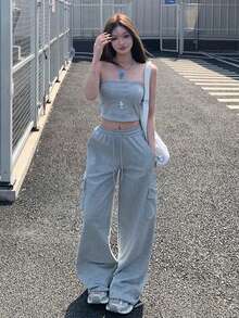 Quần thể thao nữ dáng rộng, thoải mái, có túi bên hông, cạp chun, ống đứng. - Xám - Xem 3