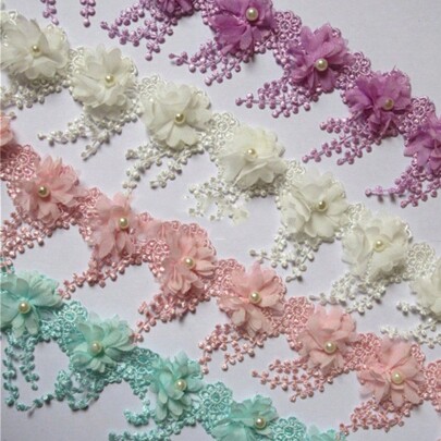 3D Chiffon Flower Pearl Beaded Lace Edge Trim Ribbon 3-1/2" Width Vintage Style 5 Colors Edging Trimmings Fabric Embroidered Applique Sewing Craft Wedding Bridal Dress Party DIY Decor