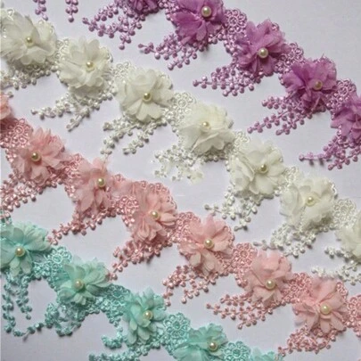 Cinta de encaje bordado con flor de chifón 3D, perlas, borde de encaje, ancho de 3-1/2", estilo vintage, 5 colores, aplicaciones, costura, manualidades, decoración de boda, vestido de novia, fiesta, DIY