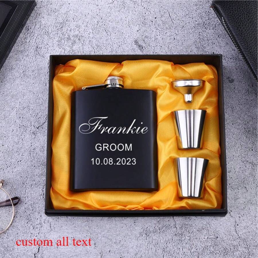 Personalized Flask 6oz Hip Flask Stainless Steel Engrave Flask Best Man Groom Gift Yellower Box Packing Wedding Customized Logo - Regular Signature - View 1