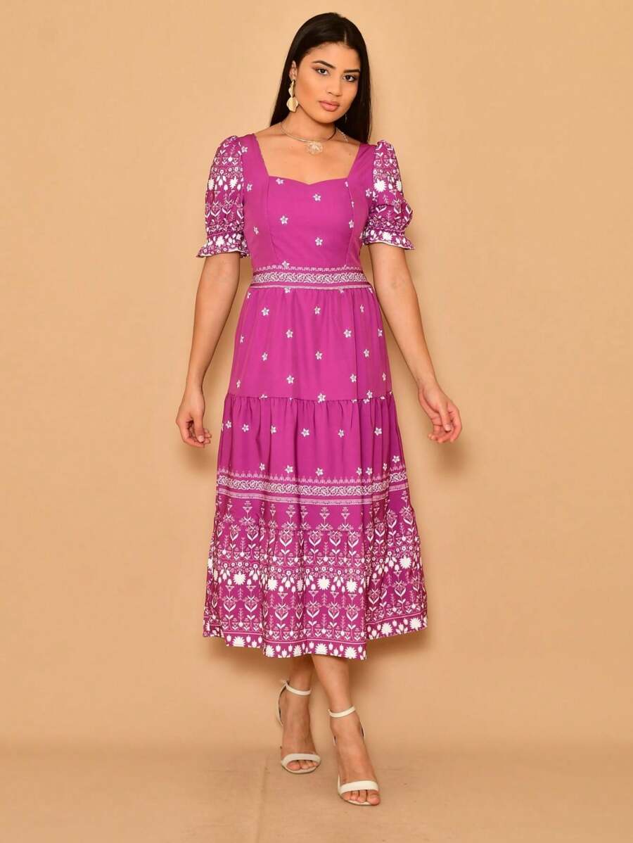 Helena Crepe Printed Midi Dress With Short Sleeves - Rose Red - View 1