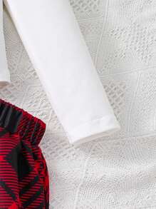 2pcs Tween Girl Elegant Outfit Set: Printed Knit Top & Plaid Skirt, Spring Summer; 1 Sunglasses Included, Chic & Casual, School Style, Comfortable Soft Fabric, Tween Girl Tween Clothing - White - View 4