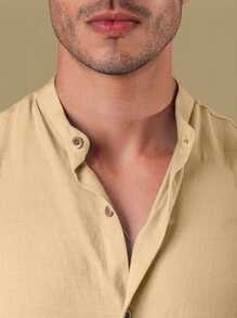 Men's Short Sleeve Shirt With Priest Collar Slim Fit - Linen Look - 杏色 - 查看 3