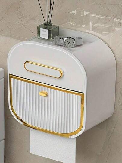 最大化浴室空间：时尚壁挂式卫生纸架 - 防水、免打孔、带便捷抽屉、易于自粘安装，浴室装饰，秋季装饰