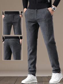 Men Elastic Waist Solid Color Side Pocket Casual Pants, For Fall