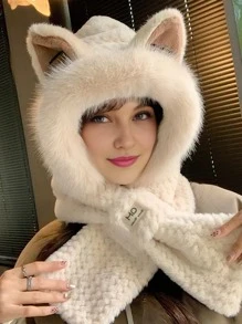 Set de 3 en 1 con gorro con orejas de zorro de peluche, bufanda y calentador de cuello, acogedor para el invierno y Halloween - Multicolor - Ver 9