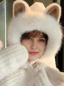 Set de 3 en 1 con gorro con orejas de zorro de peluche, bufanda y calentador de cuello, acogedor para el invierno y Halloween - Multicolor - Ver 10