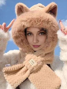 Set de 3 en 1 con gorro con orejas de zorro de peluche, bufanda y calentador de cuello, acogedor para el invierno y Halloween - Multicolor - Ver 4