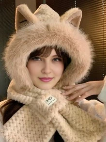 Set de 3 en 1 con gorro con orejas de zorro de peluche, bufanda y calentador de cuello, acogedor para el invierno y Halloween - Multicolor - Ver 11