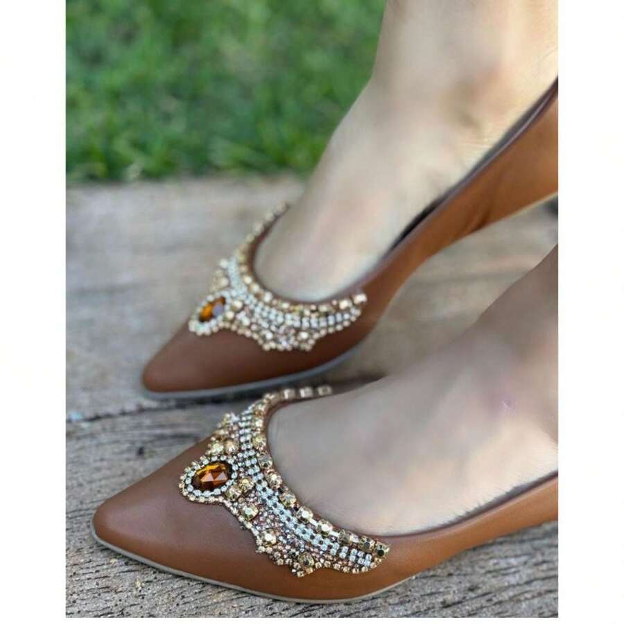 Super Luxury Pointed Toe Rhinestone Pumps For Parties And Weddings - 摩卡棕 - 查看 1