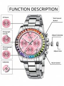 Reloj de mujer elegante y de moda BIDEN, reloj de cuarzo para negocios y ocio, cronógrafo de 12/24 horas, calendario impermeable con luz nocturna, caja arcoíris, correa de acero inoxidable, reloj de mujer + caja