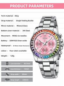 Reloj de mujer elegante y de moda BIDEN, reloj de cuarzo para negocios y ocio, cronógrafo de 12/24 horas, calendario impermeable con luz nocturna, caja arcoíris, correa de acero inoxidable, reloj de mujer + caja