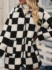 Black & White Plaid Side Pockets Turndown Collar Button Fleece Jacket - Black - View 3