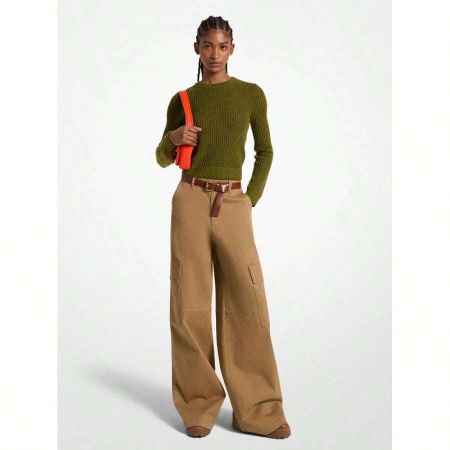 | Stretch Organic Cotton Wide-Leg Cargo Pants - Dark Camel - View 1