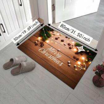 1pc New Year Pearl Plush Rectangular Absorbent Anti-Slip Indoor Doormat, Christmas Carpet