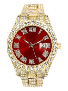 1 件男士个性化嘻哈风格罗马数字水钻石英腕表 - 彩色 - 查看 14