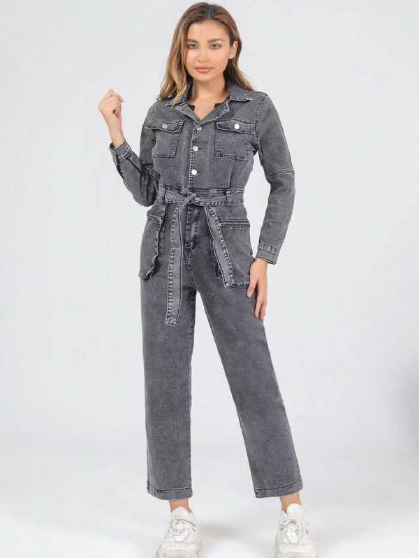 Okay Mono De Mezclilla Con Bolsillos y Solapa Y Con Cinturon Corte Recto
