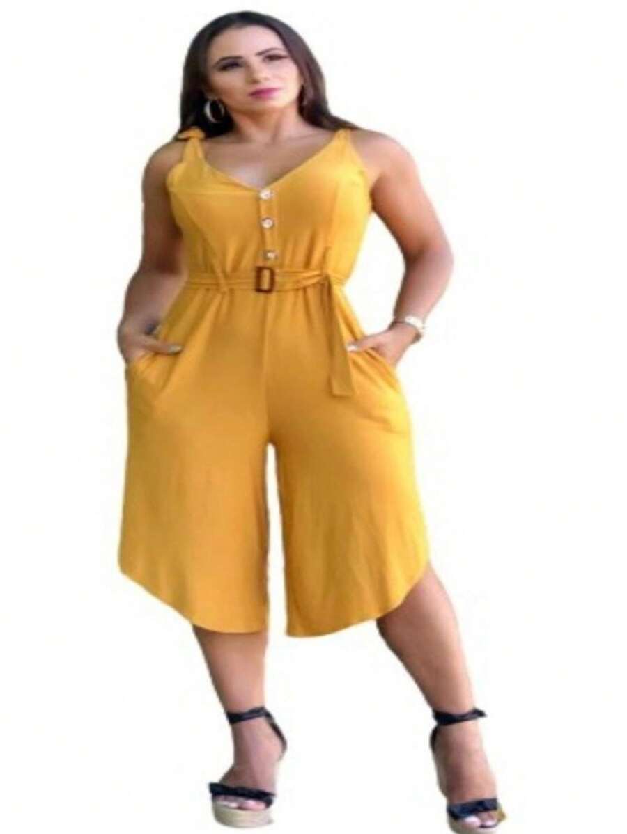 Women's Viscolycra Pantacourt Jumpsuit With Belt And Buttons Offer - Màu Mù tạt vàng - Xem 1