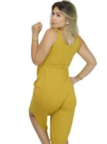 Women's Viscolycra Pantacourt Jumpsuit With Belt And Buttons Offer - Màu Mù tạt vàng - Xem 2