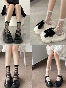 1pair Girl's Ultra-Thin Transparent Black Stockings, White Short Socks, Heart Pattern Pile Socks, Black Mid-Length Socks For Spring And Summer