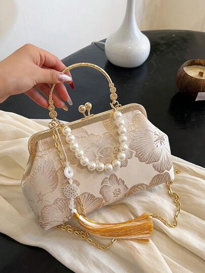 Bolso de mano de señora con bordado de estilo nacional chino, elegante bolso de mano de verano con perlas y bandolera