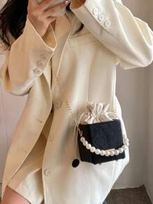 1pc Mini Pearl Chain Decor Solid Color PU Drawstring Crossbody Bag, Suitable For Women's Daily Use - Black - View 5