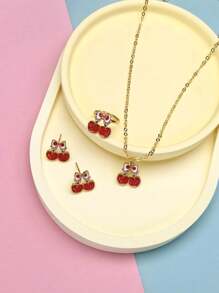 4pcs/Set Cute Cartoon Pendant Chain Necklace, Earrings, Ring Alloy Children Jewelry Set - Red - View 4