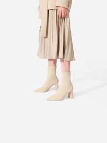 Women's Autumn New Pointed Toe High Heel Party Short Boots, European & American Style Chunky Heel Ankle Boots, Elastic Slim Fit Vacation Boots, Fashion Boots - Apricot - View 1