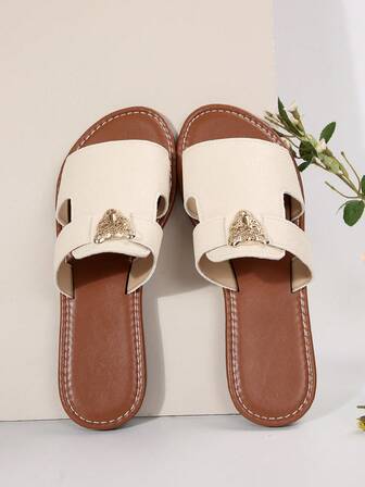 女士系带平底拖鞋，动物图案装饰，轻便夏季休闲沙滩凉鞋