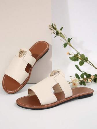 女士系带平底拖鞋，动物图案装饰，轻便夏季休闲沙滩凉鞋