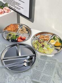 1 pieza Plato de comida de acero inoxidable 304, bandeja de almuerzo con dieta con porciones, plato de servir antideslizante de 3 compartimentos para pérdida de peso, fitness, embarazo, regalo de Navidad - Multicolor - Ver 7