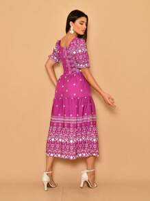Helena Crepe Printed Midi Dress With Short Sleeves - Rose Red - View 4
