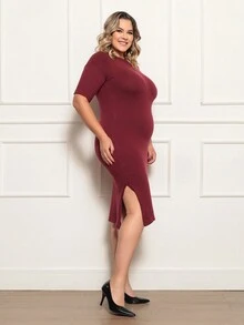 PLUS SIZE DRESS WITH SLIT ON THE SIDE, NEW COLLECTION - 酒紅色 - 查看 4