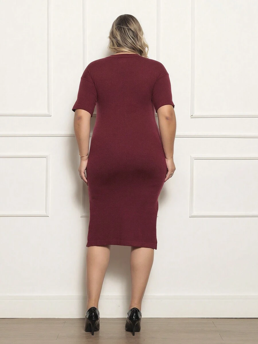 PLUS SIZE DRESS WITH SLIT ON THE SIDE, NEW COLLECTION - 酒紅色 - 查看 1