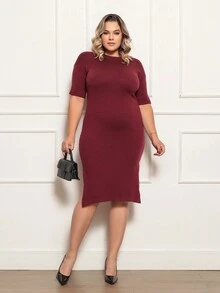 PLUS SIZE DRESS WITH SLIT ON THE SIDE, NEW COLLECTION - 酒紅色 - 查看 3