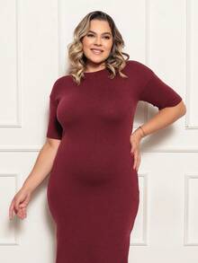 PLUS SIZE DRESS WITH SLIT ON THE SIDE, NEW COLLECTION - 酒紅色 - 查看 5