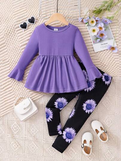 2pcs/Set Young Girl Elegant Lady Spring & Fall Outfit: 1.Solid Color Ruffled Sleeve Crew Neck Belted Dress Top 2. Flower Print Elastic Waist Pants, Comfortable & Casual Young Girl Outdoor Wear