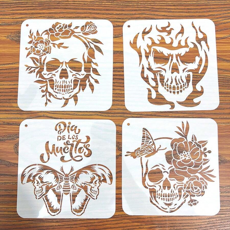 Set de 17 piezas con plantillas huecas, bordes de pintura de pulverización y guías de boceto con tema de calavera para dibujo y pintura