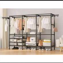1 Clothes Hanger, Simple Clothes Hanger, Shoe And Clothes Storage Rack, Freestanding Multifunctional Wardrobe, Closet With Hooks, Home Bedroom Wardrobe Storage Rack - Black - View 1