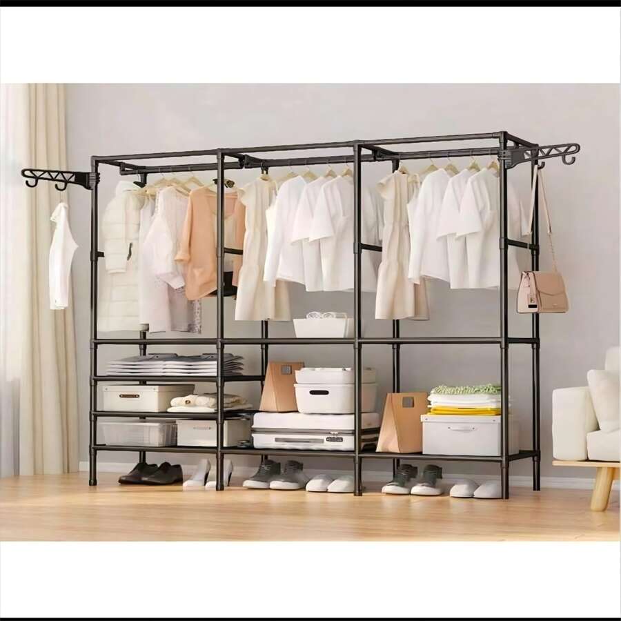 1 Clothes Hanger, Simple Clothes Hanger, Shoe And Clothes Storage Rack, Freestanding Multifunctional Wardrobe, Closet With Hooks, Home Bedroom Wardrobe Storage Rack - Black - View 1