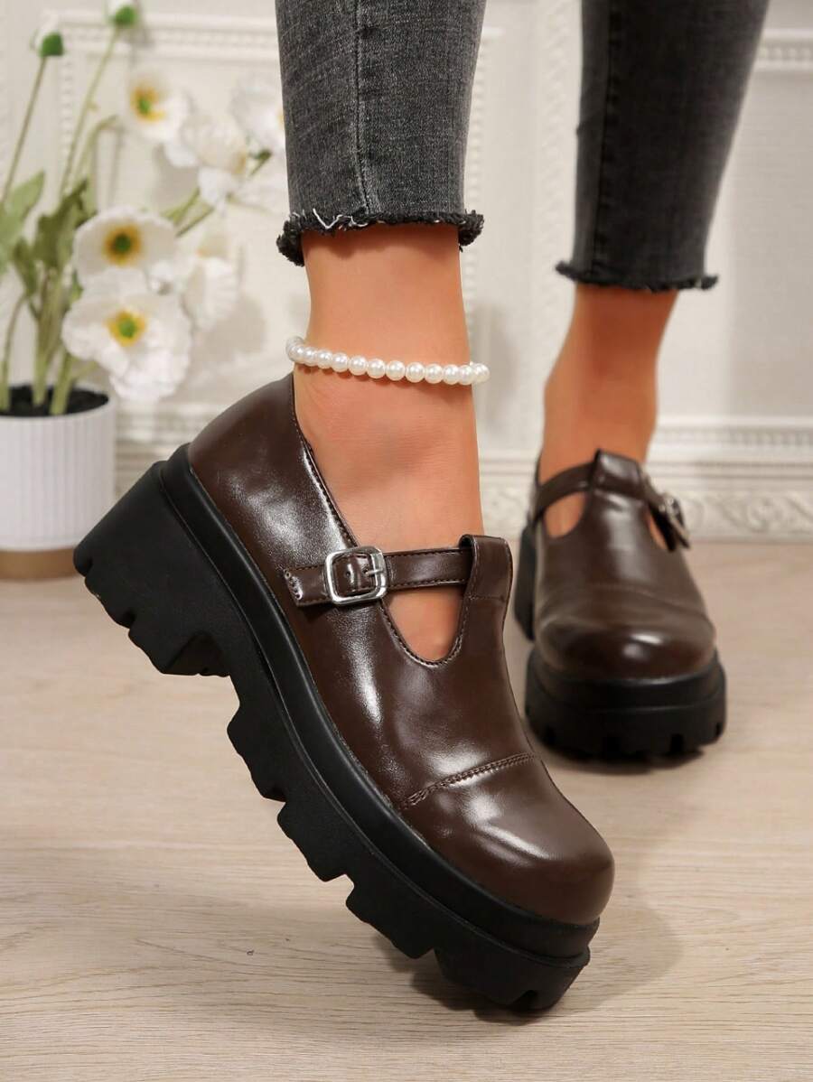 Thick Bottom Wedge Heel Brown Round Toe Platform Oxfords, Waterproof, Thick Sole, Retro College Style Low Heel Square Toe Fashion Buckle Strap Loafers For Women - Brown - View 1