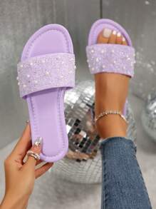 Plus Size Women's Summer Comfortable Fashion Rhinestone Soft Bottom High-End Beach Holiday Sandals - Mauve Purple - View 1