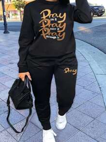 Plus Size Sportswear Two Piece Set, Women's Plus Size Slogan Printed Long Sleeve Crew Neck Sweatshirt And Jogger Sweatpants Two Piece Set - 深色水洗藍 - 查看 1