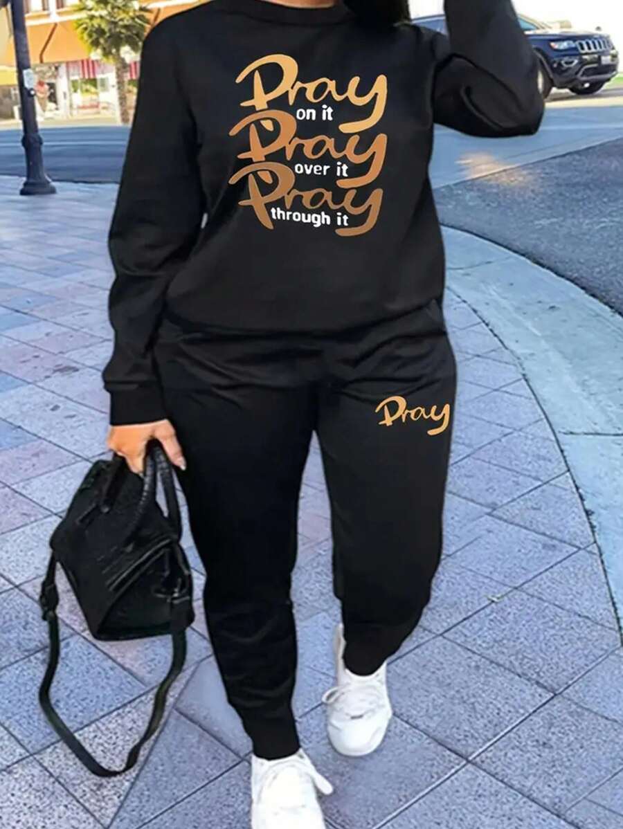 Plus Size Sportswear Two Piece Set, Women's Plus Size Slogan Printed Long Sleeve Crew Neck Sweatshirt And Jogger Sweatpants Two Piece Set - 深色水洗藍 - 查看 1
