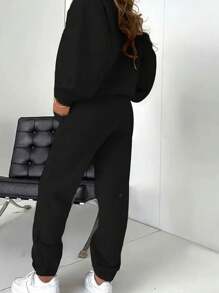 Plus Size Sportswear Two Piece Set, Women's Plus Size Slogan Printed Long Sleeve Crew Neck Sweatshirt And Jogger Sweatpants Two Piece Set - 深色水洗藍 - 查看 3