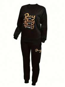 Plus Size Sportswear Two Piece Set, Women's Plus Size Slogan Printed Long Sleeve Crew Neck Sweatshirt And Jogger Sweatpants Two Piece Set - 深色水洗藍 - 查看 4