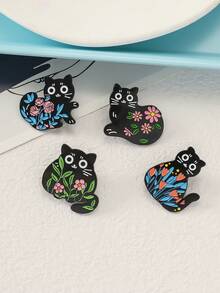 4pcs/Set Cute Cartoon Cat, Cassette Tape, Cactus Alloy Brooch Pins, Vintage Electroplated Black