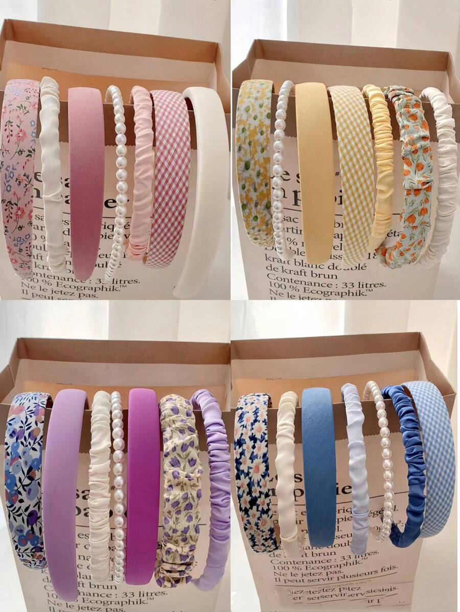 Juego de 7 diademas con adornos florales, esponjas y perlas, accesorios para niñas, para Navidad